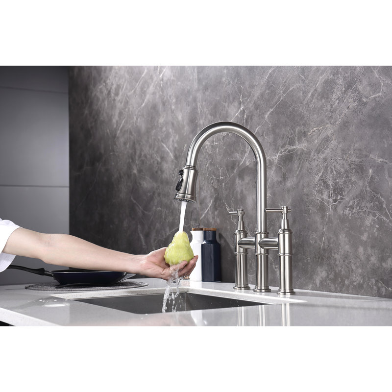 Bridge Kitchen Faucet With Pull-Down Sprayhead In Spot, Brushed Nickel