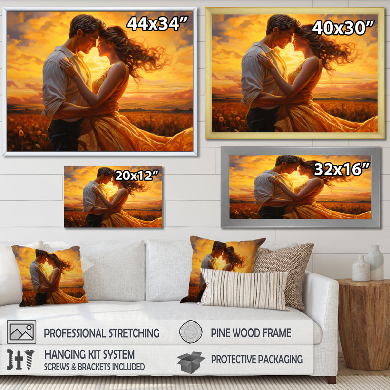 Kayzlyn, Couple romantique, paysage, Étreinte lumineuse II, Cadre flottant doré, H 30 po x l 40 po x P 1,5 po