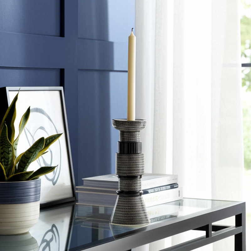 Pillar and Taper Candle Holder Stoneware and Ceramic Geometric Textured Pattern Blue and White Finish for Home Office Bedroom or Living Room Decor