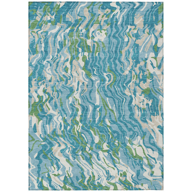 Teal and White Abstract Swirl Washable Synthetic Rug
