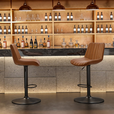 Ensemble de 2 tabourets de bar, tabourets de bar pivotants réglables, tabourets de hauteur de bar avec support pour le dos, chaises de bar à hauteur de comptoir en similicuir pour îlot de cuisine rustique, brun