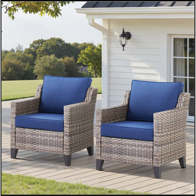 Ensemble de 2 chaises de patio pour l'extérieur avec accoudoirs en osier gris, idéales pour le porche, la piscine, la terrasse et la cour en bleu