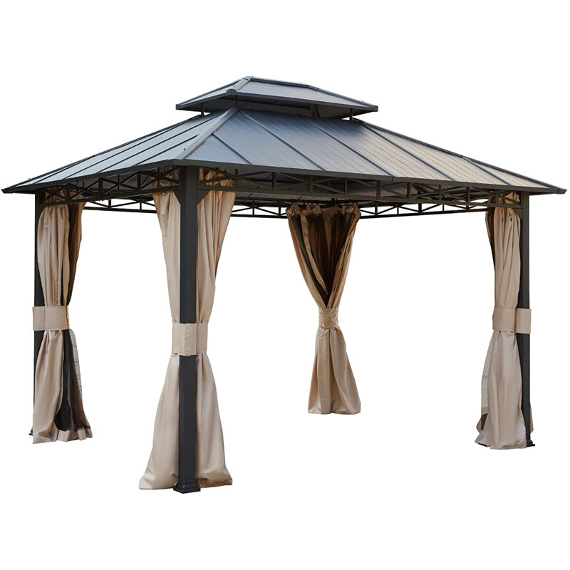 10' x 12' Gray Aluminum Hardtop Patio Gazebo with Curtains