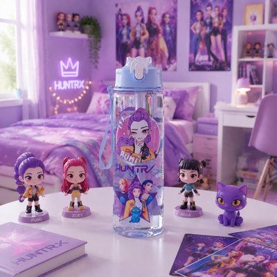 Kpop Demon Hunters Purple Plastic Water Bottle, 9.8 x 2.6 inch Kpop Demon Hunters Merch Birthday Party Decorations Reusable for Girls Kids