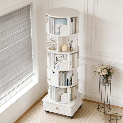 Bibliothèque rotative avec tiroir, bibliothèque d'angle à 6 niveaux à 360 degrés pour étagères, bibliothèque sur pied
