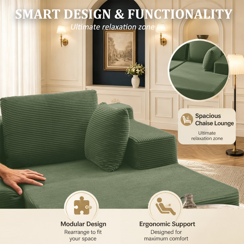 Canapé modulaire moderne en L avec méridienne et siège à compression profonde, sans assemblage requis, Green Corduroy