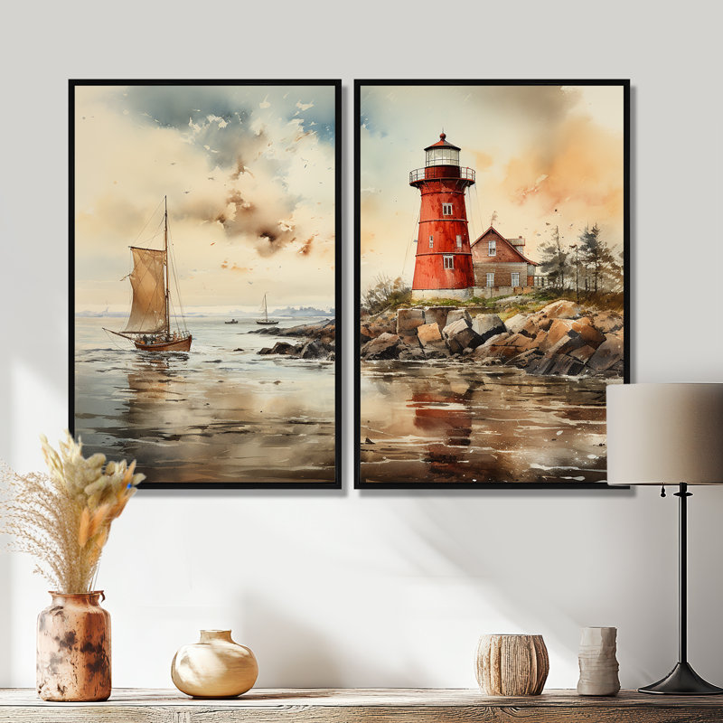 Phare rétro - art mural côtier beige II, 36" H x 48" W, Impression encadrée flottante, Black