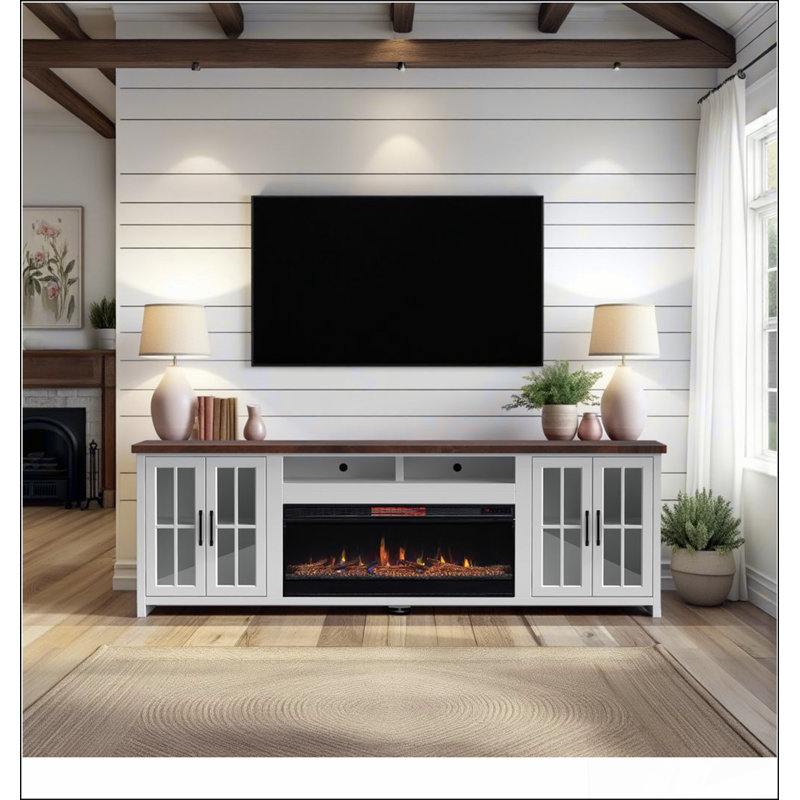Meuble télé 97 po avec foyer pour téléviseur de 100 po ou moins, assemblage minimal, fini jasmin et finition bois de grange