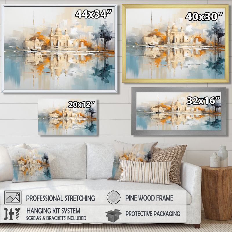 Eastern City Golden Sunset - Art mural de bâtiments de la ville, H 16 po x l 32 po x P 1 po, Toile avec cadre flottant or