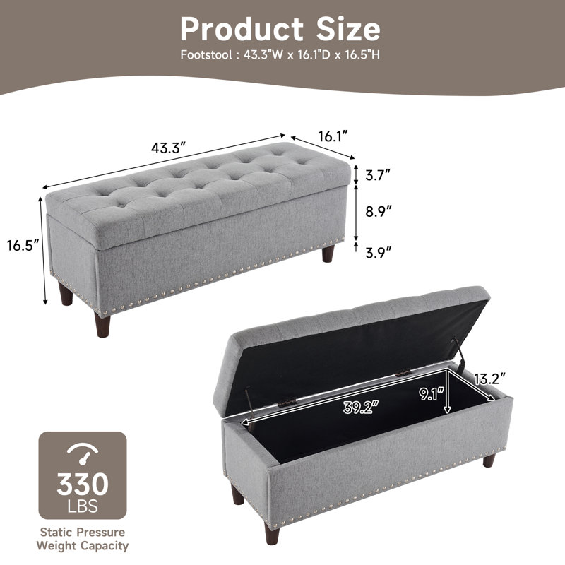 43" Upholstered Storage Ottoman, Grey Linen