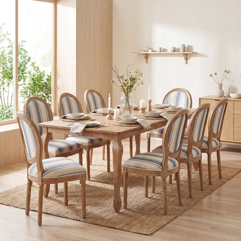 Jair 8-Person Expandable Dining Table Set With Upholstered Chairs & Rubberwood Legs