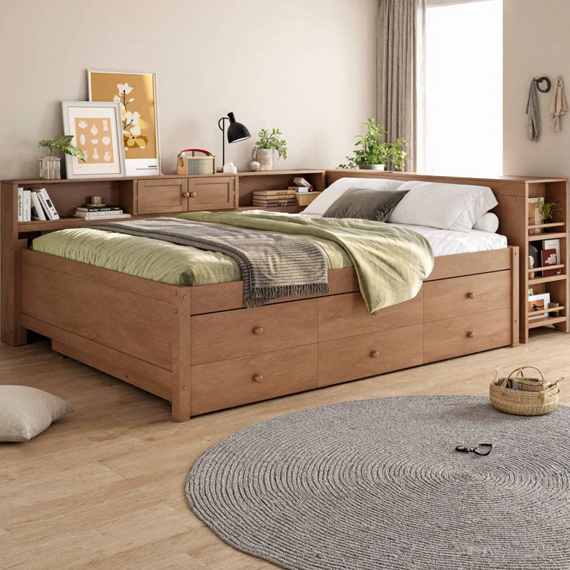 Lit de jour pleine grandeur avec lit gigogne, base de lit en bois en L avec bureau intégré, tiroirs de rangement, tablettes et huche, lit de jour multifonctionnel peu encombrant pour la chambre à coucher