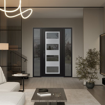 C2 Panel Silver Steel Black/Black With 2 Sidelites Prehung Front Entry Door