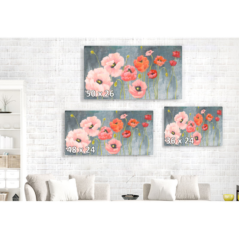Fleur de coquelicot, coquelicots, rose, rouge, floral, sur fond gris, orange, noir, H 24 po x l 48 po x P 1,5 po