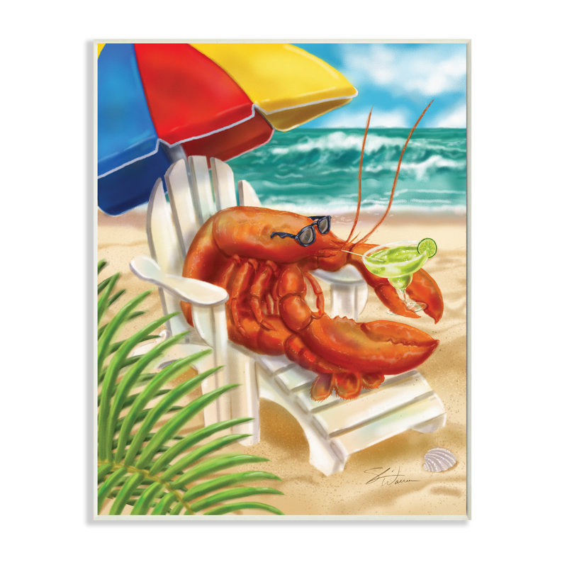 Homard dans une chaise de plage buvant de la margarita, Plaque murale, H 15 po x l 10 po