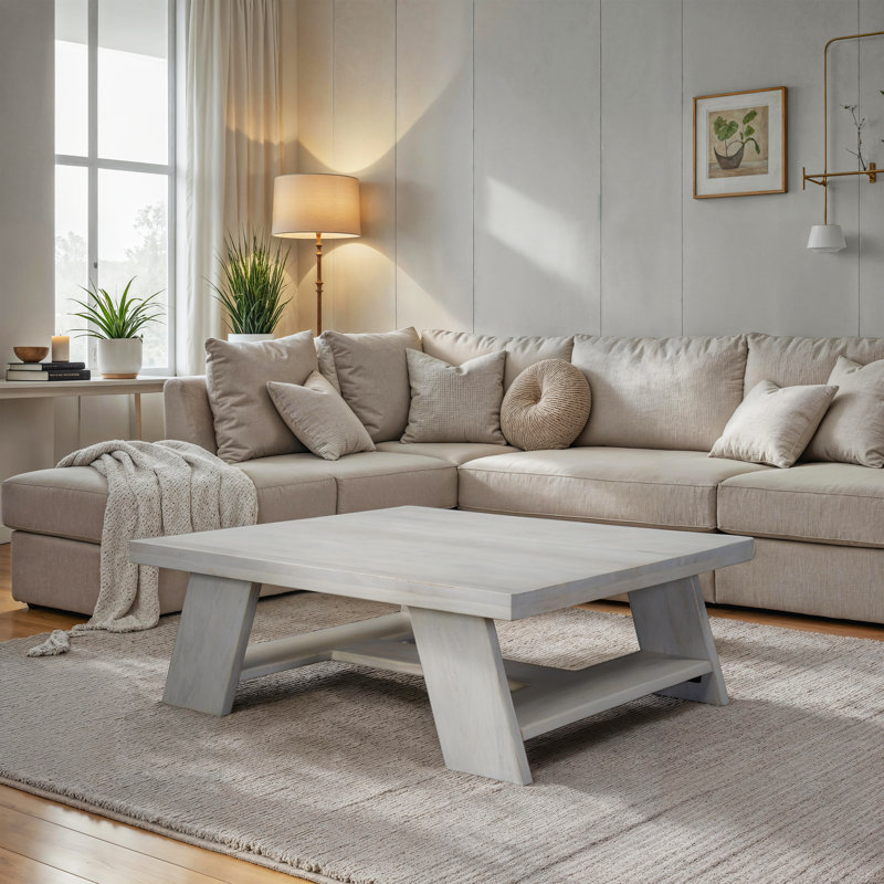 Table basse carrée Aya 40 po | Bois de manguier blanc Biscotti | Pieds inclinés audacieux