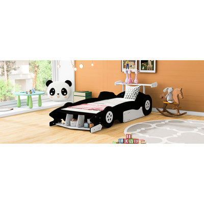 Twin Race Car - Shaped Bed With Wheels, Black, Plywood And , Support, Side Rails For , Comfortable Sleep Space, 98.7"x41.7"x26.5 Pine Wood