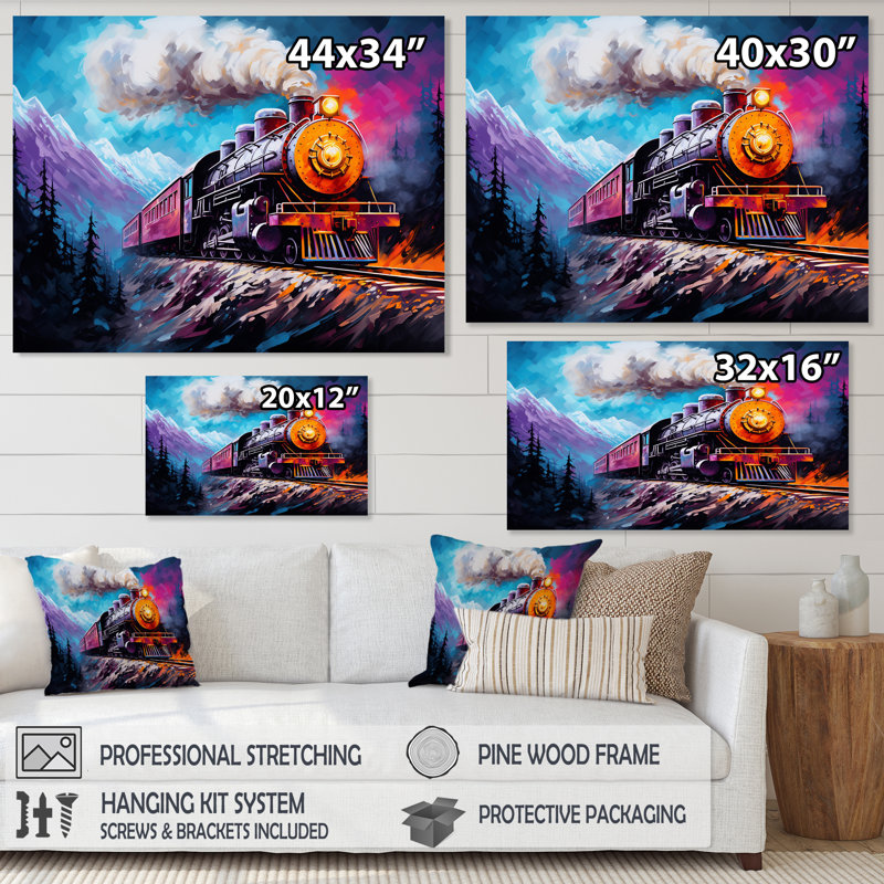 Steamtrain Travelling In Winter Snow, reproduction d'art sur toile, H 12 po x l 20 po x P 1 po, Cadre doré simple