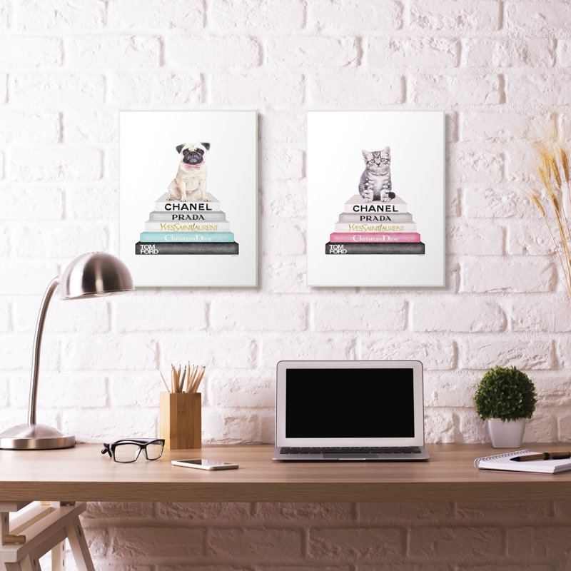 " Bookstack With Pug " by Amanda Greenwood, 15" H x 10" W x 0.5" D, Wall Plaque