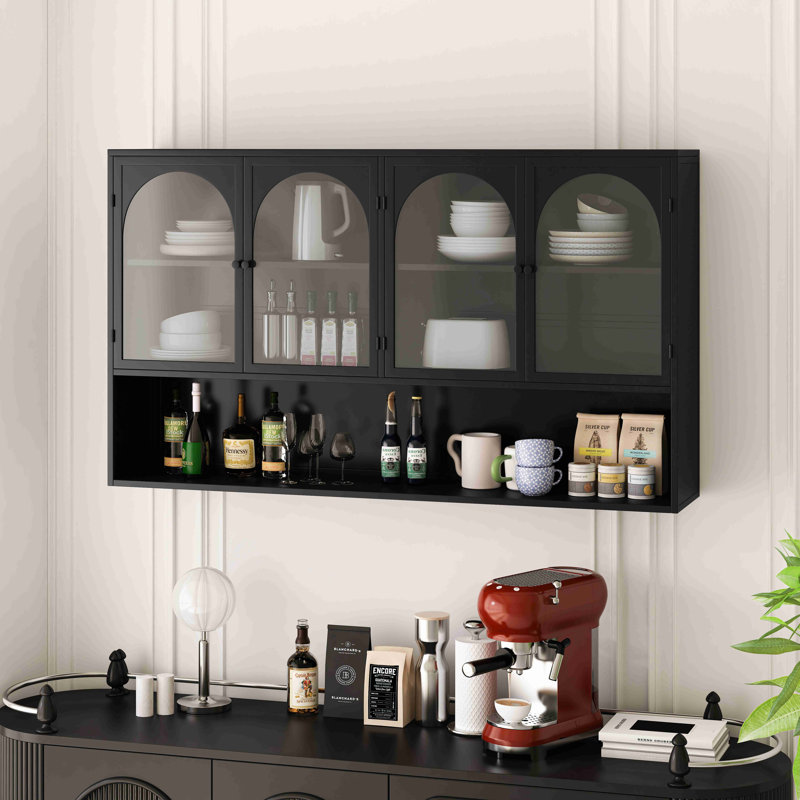 Armoire murale en verre 47,25 po à quatre portes, murale, convenant à la cuisine, au salon et à la salle de bain, Noir