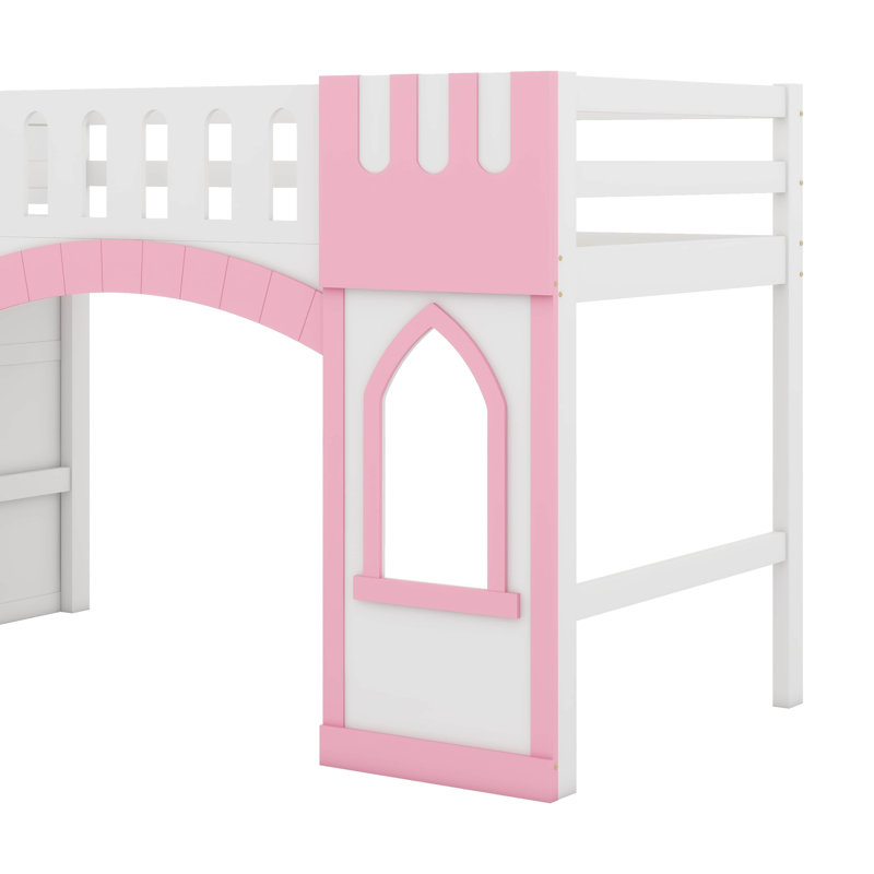 Lit mezzanine simple avec escalier de rangement et 2 fenêtres, structure de lit en bois avec rangement, Rose