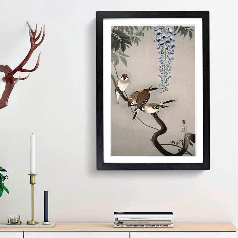 Sparrows at Wisteria by Ohara Koson - Framed Print, 48cm H x 36cm W x 2cm D, Black Framed