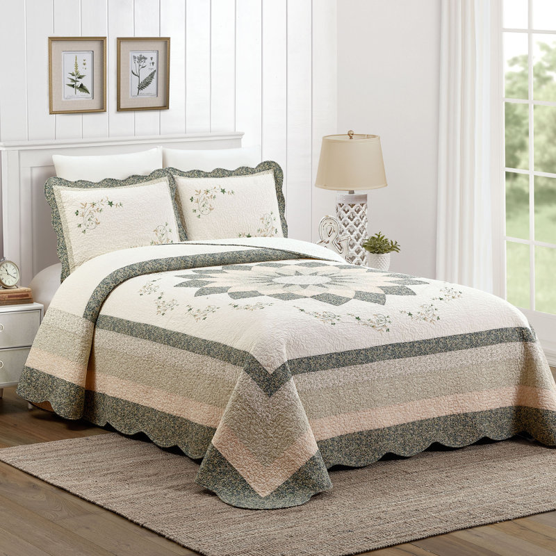 Harper Green Floral Embroidered Single Bedspread/Coverlet (shams not included), Queen Bedspread