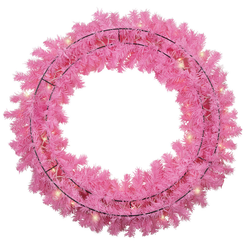 Pre-Lit Artificial Pine Christmas Wreath - Clear Lights, 36" H x 36" W x 6" D, Pink