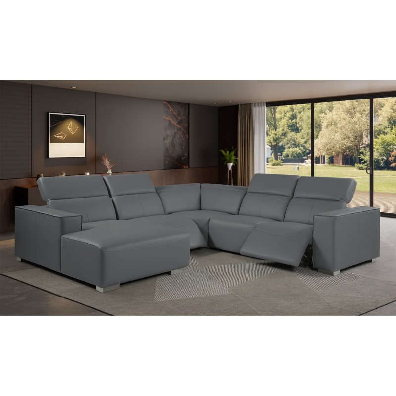Canapé modulaire en L en cuir véritable 5 pièces faisant face à gauche avec 2 fauteuils inclinables électriques et appuis-tête réglables