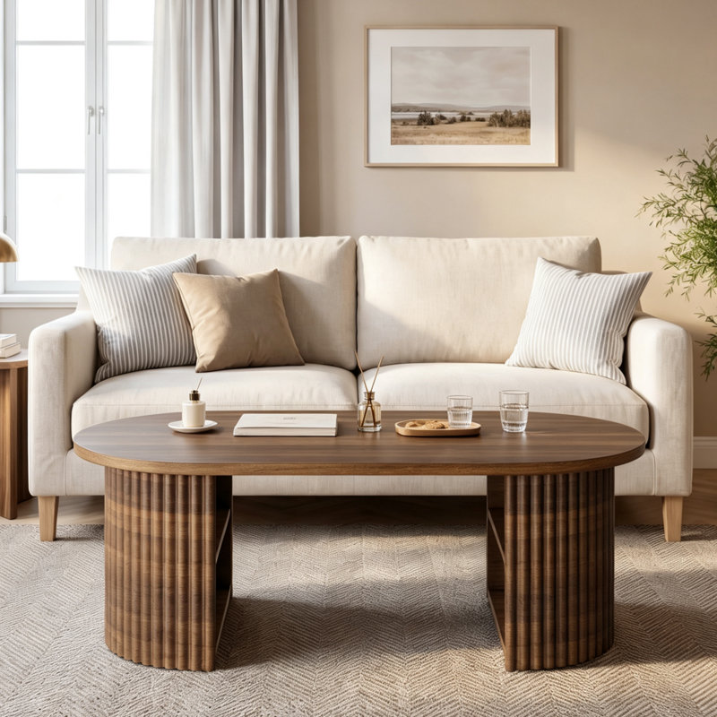 Table basse demi-ronde cannelée, table de centre de soutien latérale nervurée moderne avec compartiment de rangement inférieur ouvert, assemblage facile, brun