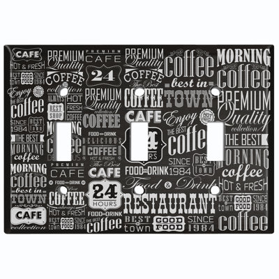 Metal Light Switch Plate Outlet Cover (Coffee Diner Sign Black White - Triple Toggle)
