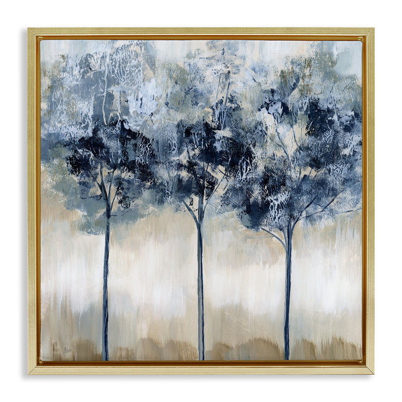 Trio d'arbres en sourdine abstrait, H 25 po x l 25 po, Cadre flottant métallique doré