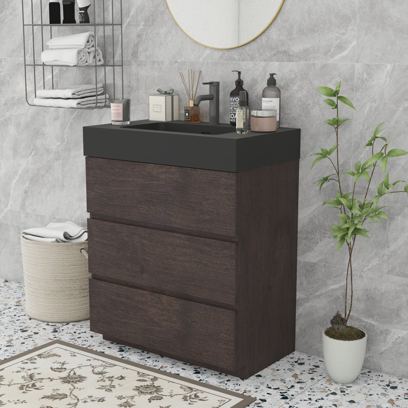 Meuble-lavabo moderne avec lavabo, 30", Noyer, Noir