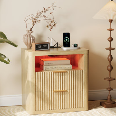 Fluted Nightstand With Charging Station,24" Night Stand With 2 Drawers And Storage Shelf,rgb Led Lighting,arc Edge Fluted Bedside Table For Bedroom