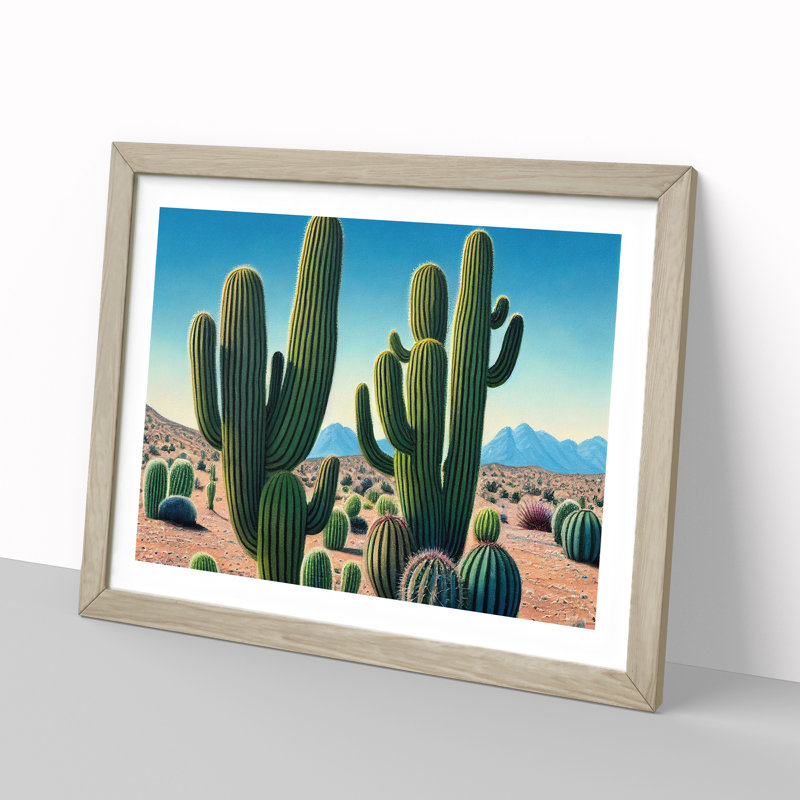 Desert Cactus 1 Piece Single Picture Frame Wall Art, 46cm H x 64cm W x 2cm D, Oak
