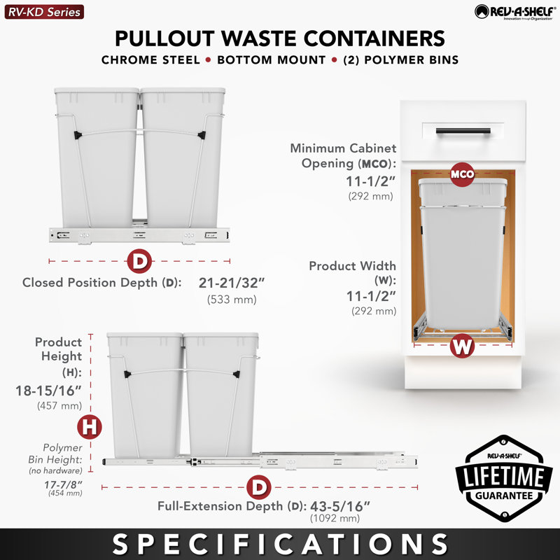 Rev-A-Shelf Double Pullout Trash Can 35 qt. for Kitchen , White, 35 quart