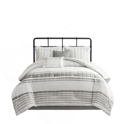 6 Piece Cotton Jacquard Oversized Comforter Set With Textured Stripes And Hypoallergenic Filling, For Farmhouse And Cottage Decor