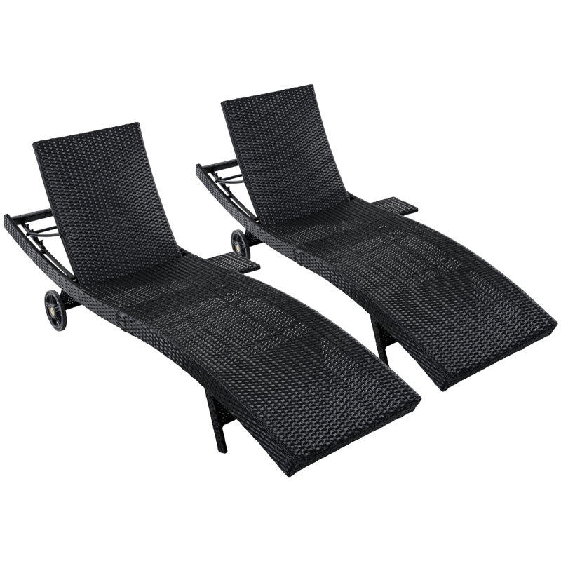Ensemble de 2 chaises longues de patio en osier de 80 po, chaise longue inclinable en rotin d'extérieur avec roulettes et table d'appoint coulissante, dossier réglable, conception à vagues ergonomiques pour la piscine, la terrasse
