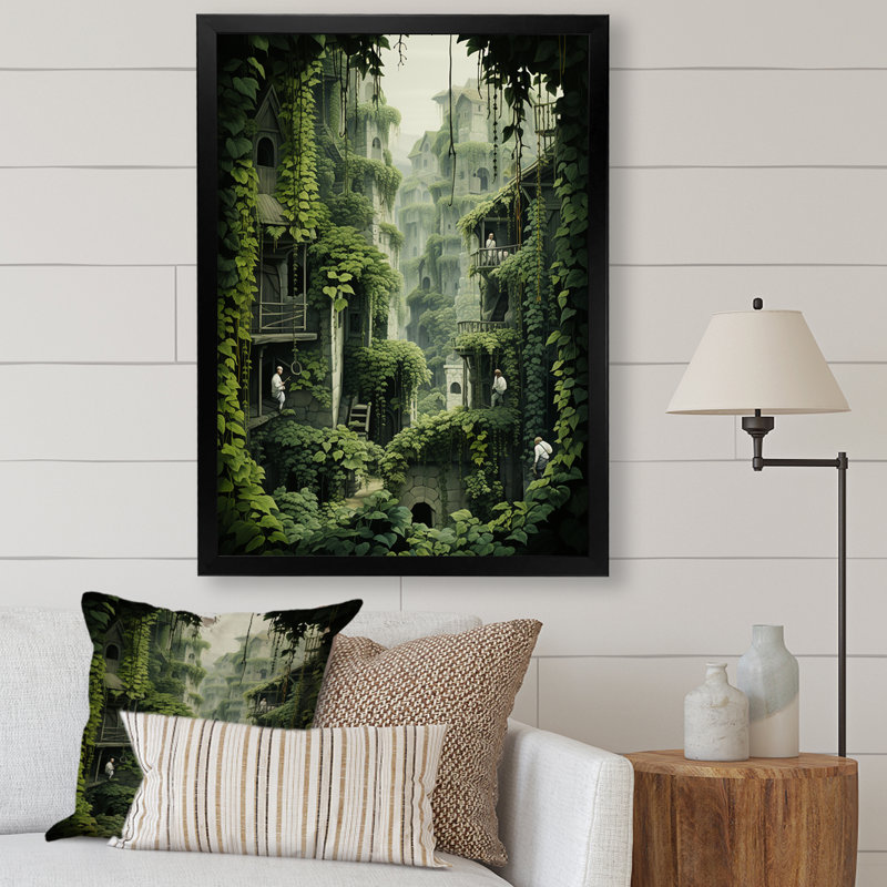 «Hidden Forest Castle Unveilé II», art mural forêt, H 40 po x l 30 po x P 1,5 po, Cadre simple noir