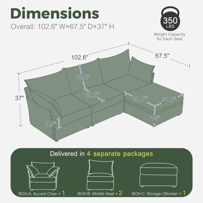 Merchelle 103' Wide Reversible Modern Modular Sectional Sofa With Storage Ottoman -Premium Chenille Fabric, Green Chenille