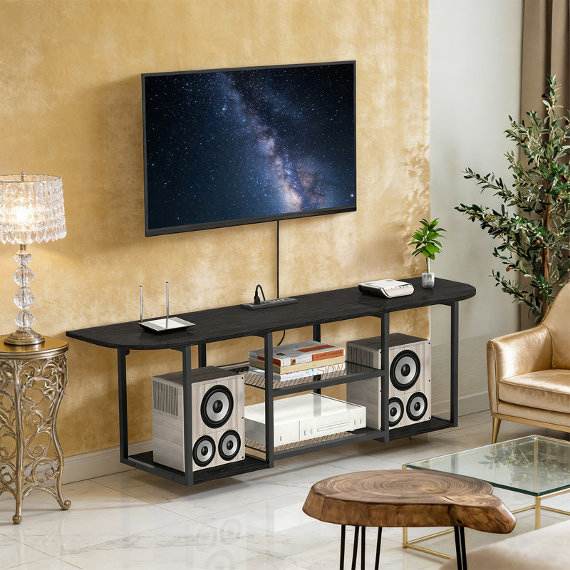 Meuble télé 47,2 po avec prise de courant flottante, console média en métal noir et grain de bois pour rangement sous la télé
