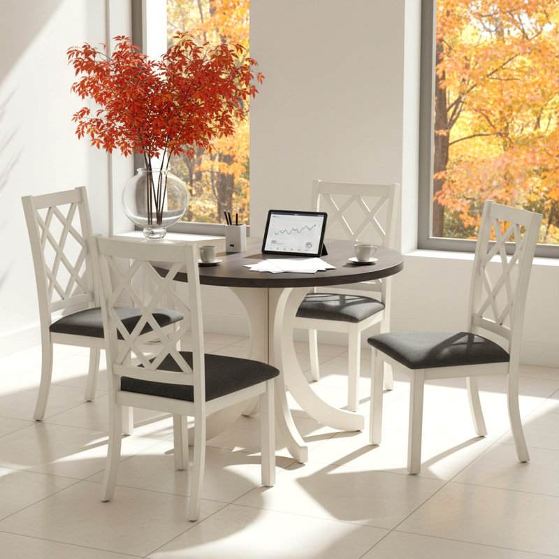 Ensemble de table ronde pour salle de pause avec 4 chaises rembourrées à dossier croisé, conception compacte, Gris / Blanc