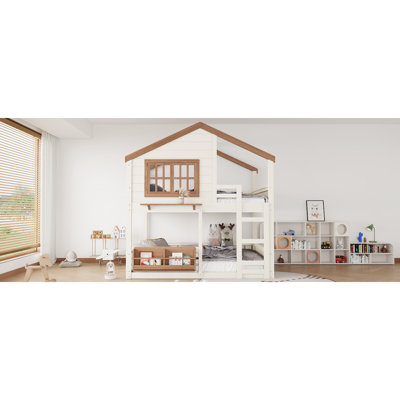 Lit superposé double / lit mezzanine avec bibliothèque, conception de maison, clôture de sécurité de haute qualité, beige et naturel