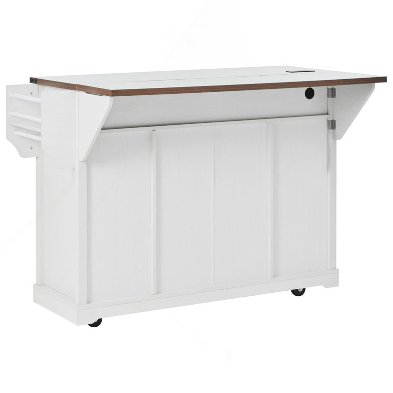 58" Farmhouse Kitchen Island with Storage, Sliding Barn Door & Metal Grid Side Door, Rolling Kitchen Island on 5 Wheels with Spice Rack, Glass Holders,Island Table with Drop Leaf for Kitchen