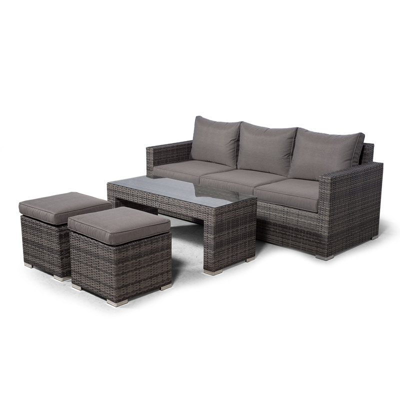 Villatoro Grey Rattan 3 Seat Sofa With 2 Stool Coffee Table, Outdoor Patio Garden Furniture