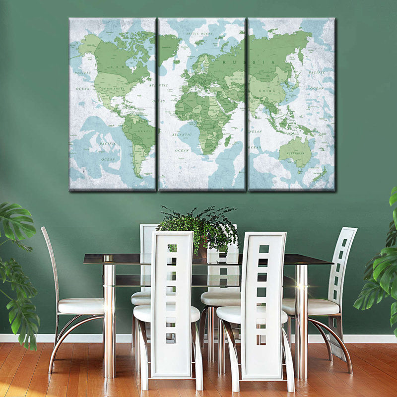 "Géographie du monde carte V", ensemble de 3 reproductions sur toile par Globetrotter Studio, H 24 po x l 38 po x P 1,25 po