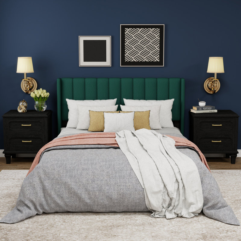 Upholstered Wingback Platform Bed, Green, Queen