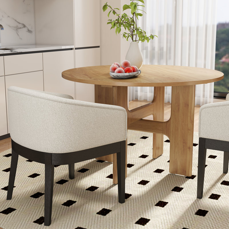 Modern Farmhouse 5-Piece Round Dining Set - Solid Wood Table With X-Base & Upholstered Bucket Chairs, Natural, White/Black