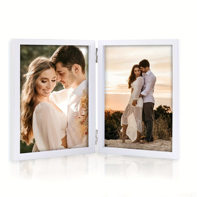 Cadre photo double blanc 1 x 4 x 6 - charnière avec 2 ouvertures, présentoir de table pliable, finition vintage pour la décoration intérieure, les mariages, les anniversaires - montre plusieurs styles et photos, décoration mignonne, porte-photo de ma