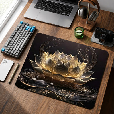  Rubber Mouse Pad, Smooth Microfiber Surface, Non-Slip Base, Rounded Edge Decorative Mouse Mat for Office & Gaming,12×8 Inch ,Black Gold Lotus Art